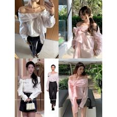 Xzichic 100棉Ma*Mar*秀场同款一字肩系带蝴蝶结衬衫女