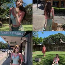 批发Tongiiuu 甜薇少女 碎花<b class='q'>网纱</b>短袖T恤女修身显瘦吊带背心套装夏季