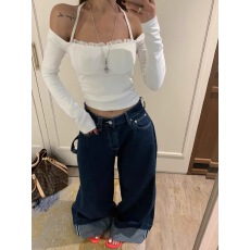 批发VIRKIN<b class='q'>韩国</b>东大门<b class='q'>代购</b>2026春款 挂脖绑带修身显瘦短款长袖<b class='q'>t</b><b class='q'>恤</b>女