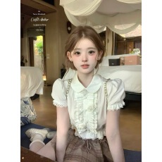 批发迟伞伞26/ss dating日 花朵翻领花边短袖<b class='q'>衬衫</b>格纹花苞系带裙裤