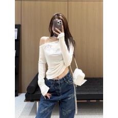 批发纯欲辣妹<b class='q'>克</b><b class='q'>罗</b><b class='q'>星</b>重工烫钻设计斜肩长袖T恤女2026春季休闲露肩上衣