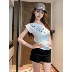 批发涂鸦字母不规则斜肩短袖女<b class='q'>t</b>恤2026新款显瘦侧捏褶收腰背心上衣夏