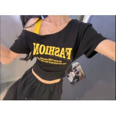 批发十三行2026新款韩版时尚撞色斜领露肩字母修身显瘦百搭短袖<b class='q'>T</b>恤女