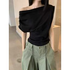 批发Esu2026春季新款空气棉设计感多穿斜肩<b class='q'>T</b>恤修身显瘦纯欲辣妹上衣