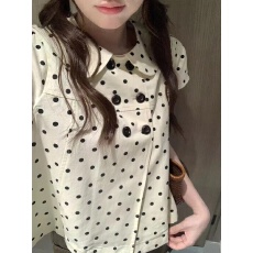批发PtonUmi 曲奇碎卷 波点<b class='q'>娃娃领</b>短袖衬衫女夏双排扣甜美百搭上衣服