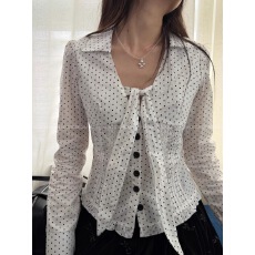 批发<b class='q'>波点</b>甜梦系带<b class='q'>衬衫</b> 法式收腰压褶<b class='q'>波点</b>衫 纯欲风蝴蝶结绑带长袖上衣