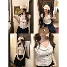 批发PtonUmi<b class='q'>波点</b>珍妮 娃娃领<b class='q'>波点</b>短袖<b class='q'>衬衫</b>女早春漂亮上衣服巨好看T恤