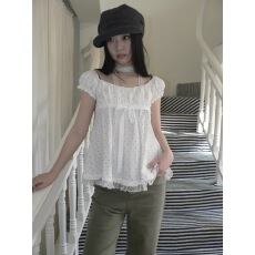 批发ang:project 古早美萌波点泡泡袖蕾丝花边拼接绑带短袖女 配围脖