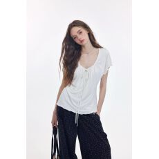 批发Reabobo.co 呼吸感温柔松弛度假缩褶系带收腰显瘦短袖t恤韩系<b class='q'>上衣</b>