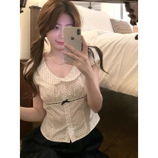 批发PtonUmi波点珍妮 <b class='q'>娃娃领</b>波点短袖<b class='q'>衬衫</b>女早春漂亮上衣服巨好看T恤