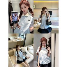 批发COOLLINE林子熙 钟爱娃娃领 26miu蓝色短袖衬衫/两色<b class='q'>半身裙</b>套装