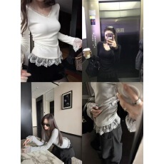 批发'city精灵'蕾丝花边小蛮腰设计高弹螺纹<b class='q'>长袖</b>显瘦休闲<b class='q'>长袖</b>V领<b class='q'>T</b><b class='q'>恤</b>女