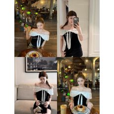 批发番茄侠coco芭蕾黑白撞色蕾丝蕾丝飘带<b class='q'>一字肩</b><b class='q'>上衣</b>女小香风无袖<b class='q'>上衣</b>