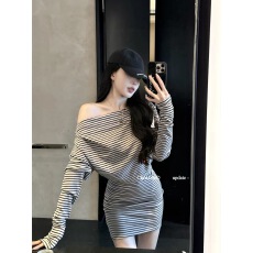 批发何晨曦 莱赛尔一字肩条纹<b class='q'>春秋</b>款<b class='q'>连衣裙</b>收腰显瘦休闲风长袖针织裙