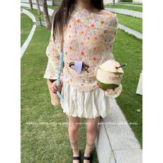 批发44AaSi 油画雏菊 不规则堆堆领设计碎花珍珠纱长袖亲肤松弛感上衣