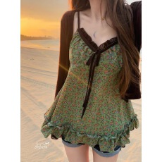 批发烟熏桃桃 Embertia复古撞色碎花吊带假两件v领纯欲背心花边女上衣