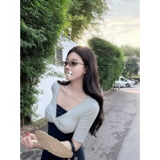 批发Laareetoo  莱赛尔中袖罩衫女夏季2026新款设计感<b class='q'>短款</b>V领上衣叠穿