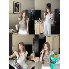 批发sasaouni学院格纹 韩版显瘦收腰<b class='q'>格子</b>v领衬衫女小众设计感上衣小衫