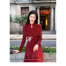 批发凌茜恣禾【12.5双旦9折上新】圣诞针织连衣裙冬法式<b class='q'>罩衫</b><b class='q'>蕾丝</b>长裙