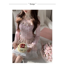 批发梨花水蜜桃/双面绒！粉色爱心蕾丝绒感打底上衣+花苞内里蛋糕裙