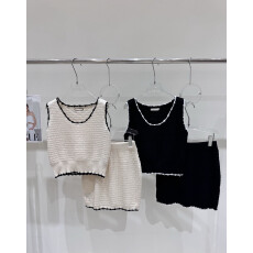 批发2026春<b class='q'>夏</b>法式小香风减龄撞色包边钩花针织衫背心+半裙女