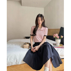 批发2026夏季娃娃领麻花针织短袖纯欲拼色内搭外穿百搭女上衣