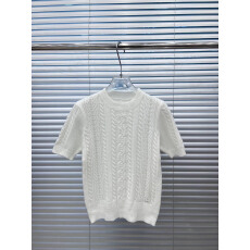 批发2026夏季新款麻花条纹短袖针织圆领简约大气镂空设计风格女上衣