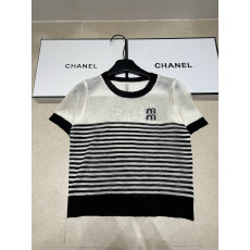 批发撞色半身<b class='q'>条纹</b><b class='q'>针织衫</b>短袖女夏薄款字母提花百搭时尚宽松女上衣