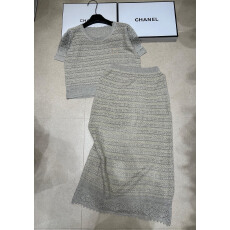 批发2026夏季新款圆领针织条纹短袖+长裙轻熟风简约2件套装女