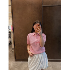 批发粉色针织毛衣polo领温柔宽松插肩袖设计感镂空透气女上衣