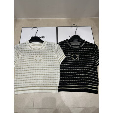 批发2026夏季新款圆领针织短袖<b class='q'>通勤</b>简约金丝线刺绣条纹百搭显瘦女上衣