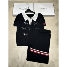 批发撞色Polo领针织圆领短袖+长裤通勤小狗烫钻拼条宽松百搭薄款2件套