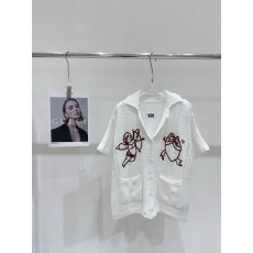 批发夏季针织Polo领宽松<b class='q'>中长款</b>短袖镂空设计感开衫休闲个性轻熟女上衣