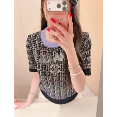 批发2026夏季新款拼色圆领毛针织短袖重工彩色钻刺绣时尚显瘦女上衣