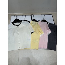 批发2026夏季撞色花边<b class='q'>圆领</b>带珍珠装饰<b class='q'>开衫</b>短袖镂空菱形轻熟简约女潮