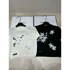 批发2026夏季圆领毛针织短袖立体花朵手工刺绣通勤时尚百搭女上衣