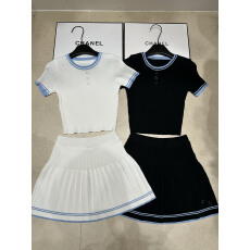 批发26<b class='q'>夏</b>季新款学院风圆领短袖+百褶半裙毛针织拼色边日常穿搭女套装