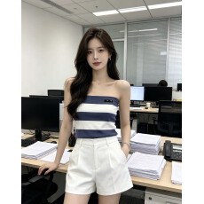 批发韩系 ins 风撞色条纹针织抹胸 一字肩修身显瘦短款无肩带女上衣