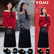 孕妇装冬季新品2026新年时尚休闲两穿毛衣配加绒调节带半身裙套装