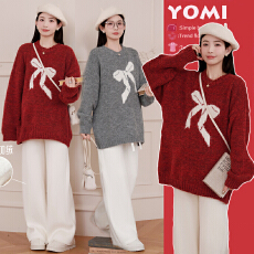 批发孕妇装2026秋<b class='q'>冬</b>新款蝴蝶结提花套头宽松毛衣配加绒针织阔腿裤套装