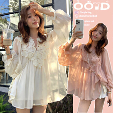 批发<b class='q'>孕妇装</b>法式V领蕾丝花边拼接<b class='q'>长袖</b>气质宽松娃娃衫+吊带背心两件套装