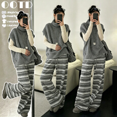 实拍现~孕妇复古条纹针织阔腿裤秋冬慵懒风高腰拖地休闲直筒裤