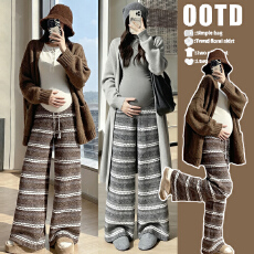 批发<b class='q'>实拍</b>现~<b class='q'>孕妇</b><b class='q'>复古</b>条纹针织阔腿裤秋冬慵懒风高腰拖地休闲直筒裤
