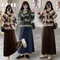 实拍现~孕妇秋冬新款披肩条纹针织打底衫毛衣+高腰半身裙三件套