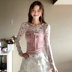 批发网纱+1*1随心裁260克欧韩穿搭<b class='q'>套装</b>女早春碎花t恤真两件叠穿上衣女