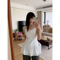 批发260克人棉莫代尔欧韩<b class='q'>时尚</b>绑带褶皱背心吊带修身花边裙摆内搭上衣