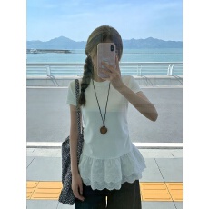 批发40支纯棉韩系蕾丝花边拼接下摆短袖t恤女夏绝美<b class='q'>时尚</b>内搭上衣女