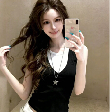 40支210克 92棉8氨纶韩系拼接假两件圆领无袖新款夏季百搭上衣女