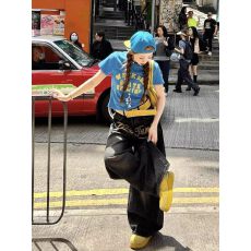 批发210克40支精棉美式多巴胺蓝色正肩印花短袖t恤女夏季新款上衣女