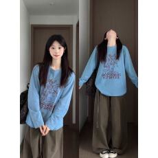 批发纯棉美式复古长袖T恤女<b class='q'>宽松</b>休闲印花百搭打底<b class='q'>上衣</b>